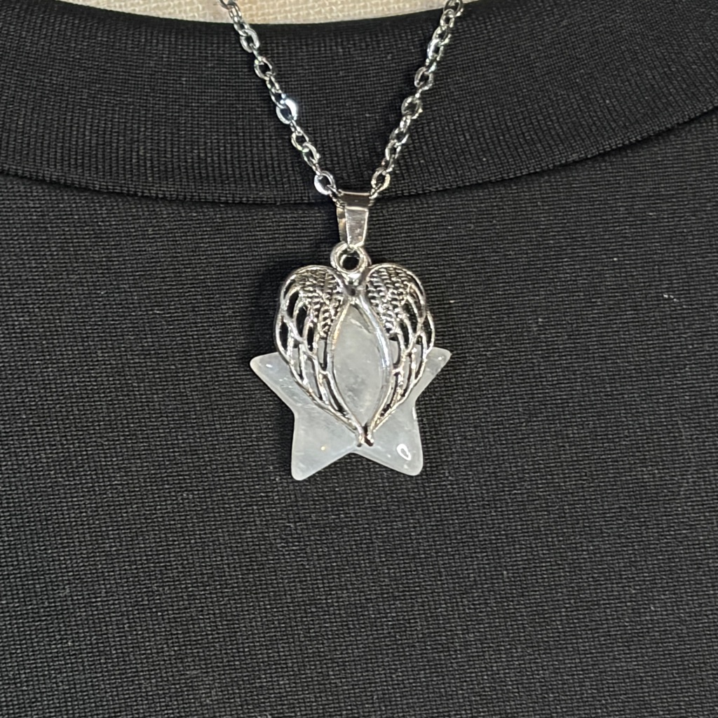 White Quartz Star With Angel Wing Charm Pendant Necklace